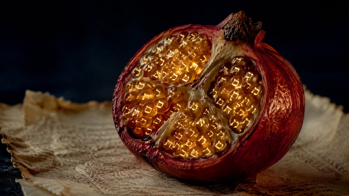 Granatapfel mit hebräischen Buchstaben – Fülle und Wort